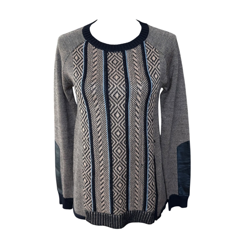 Nanette Lepore Merino Wool Sweater Brown‎ Black Leather Elbow Patch Side Zip S